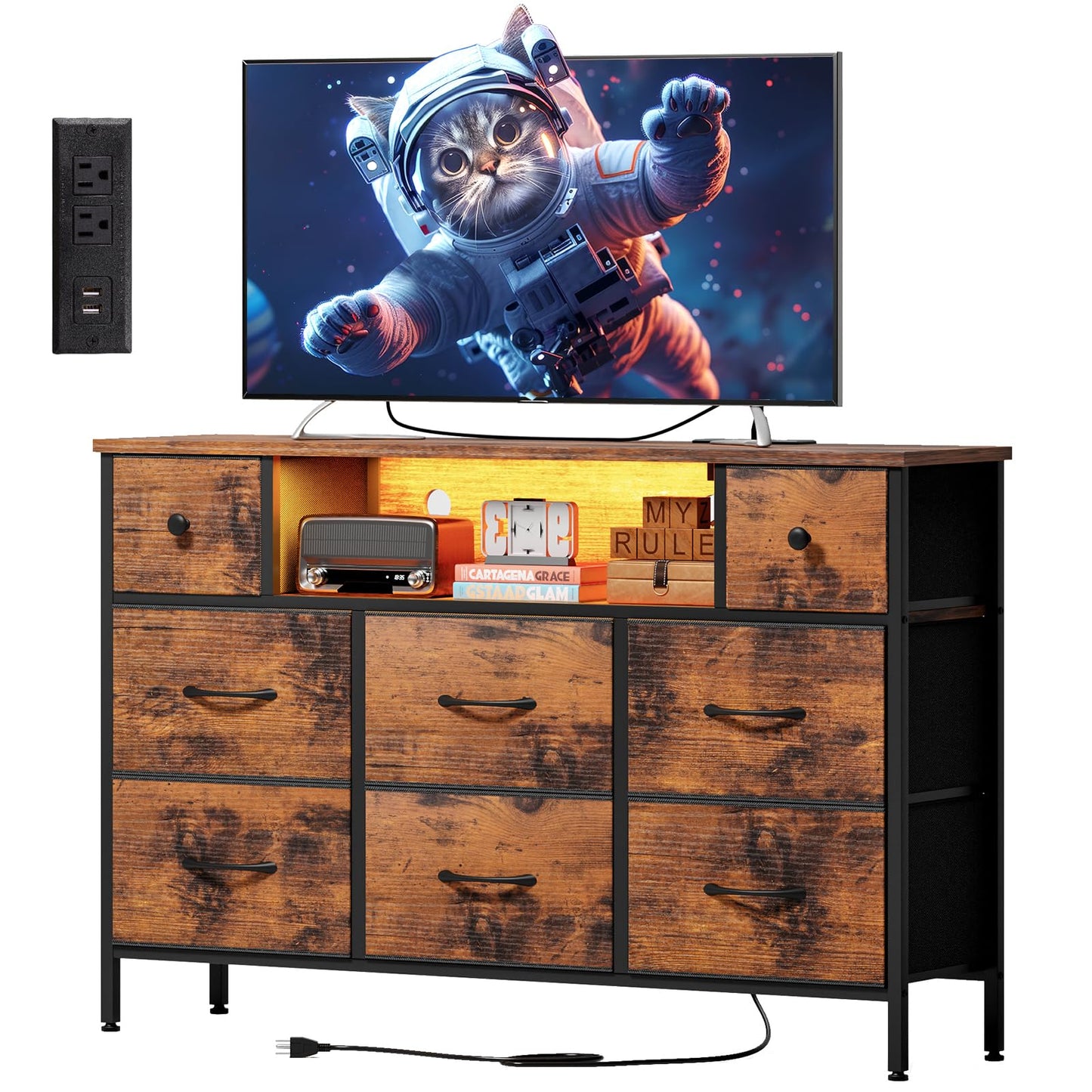 Fixwal TV Stand Dresser for Bedroom with Storage and LED Lights, Rustic Brown 55" TV Stand with 8 Drawers, Fabric Chest of Drawers with Wood Grain Finish for Entryway