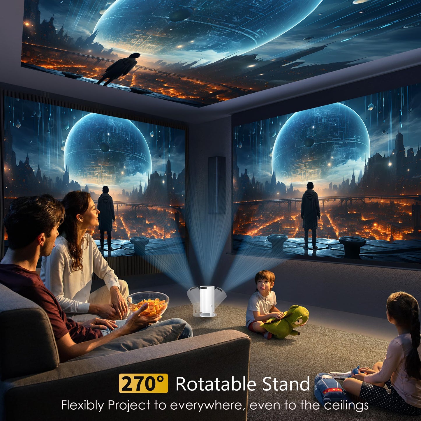 Mini Projector Portable Proyector 4K Support, Full HD 1080P Small Projector with 270° Rotatable Stand, Movie Projector Compatible with TV Stick/Smartphone/HDMI/USB for Bedroom/ Outdoor Camping