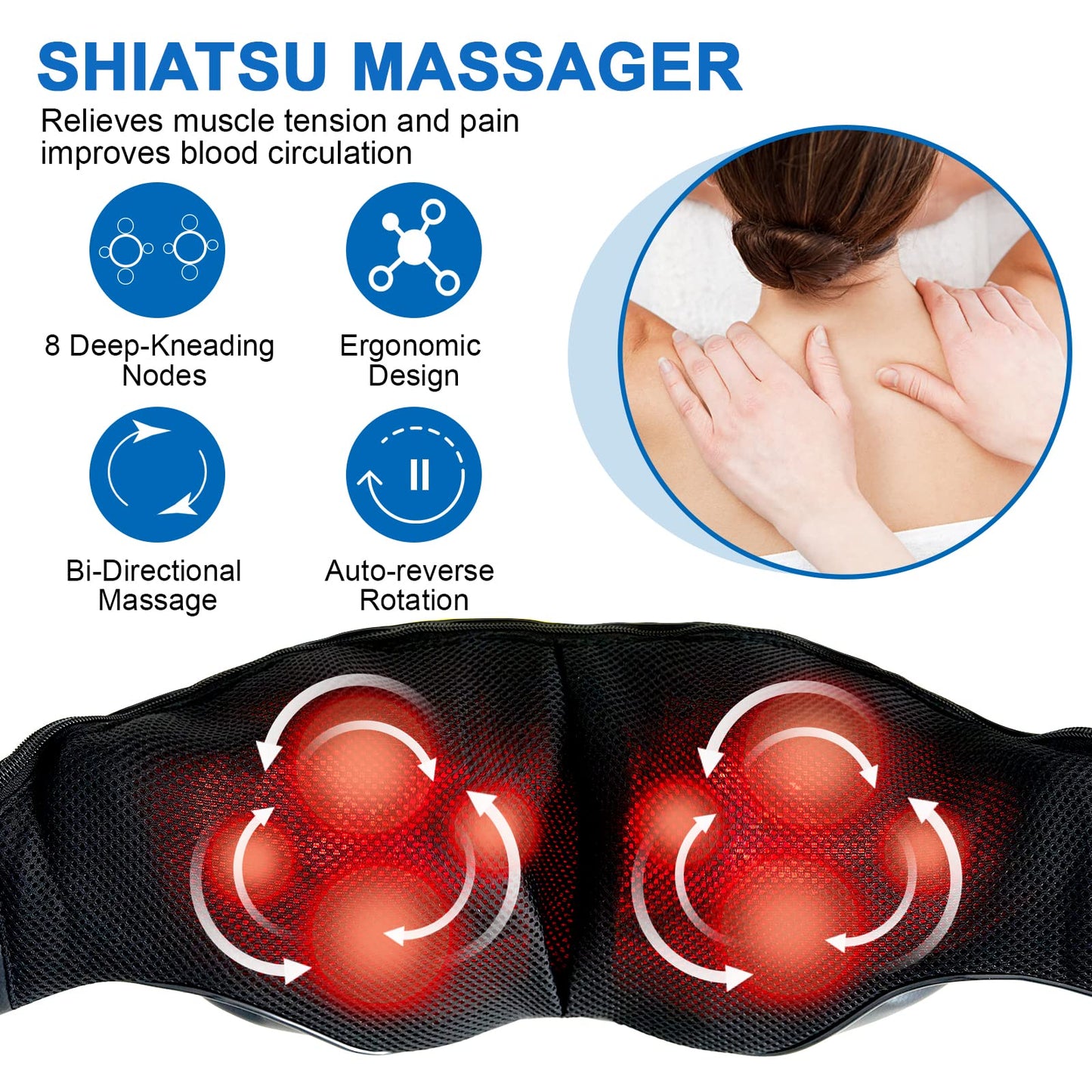 EAshuhe Neck and Shoulder Massager with Heat Shiatsu Back Massage Pillow with 3D Deep Tissue Kneading for Foot, Legs, Body Muscle Pain Relief, Use at Home, Office & Car