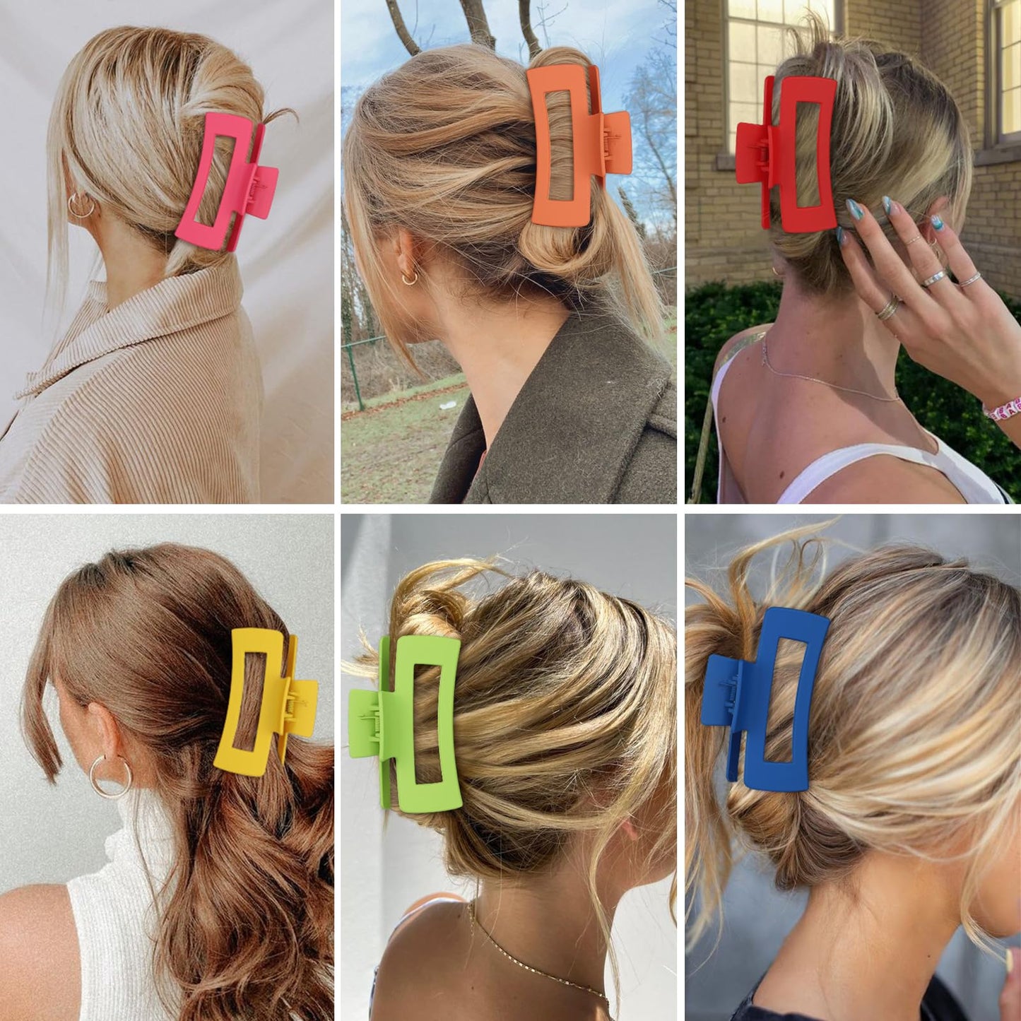 Sisiaipu 4 Inch Big Hair Claw Clips - 6 Pcs Large for Thick Hair, Square and Rectangle, Banana Jaw Clips, Hair Accessories for Women and Girls - Dopamine