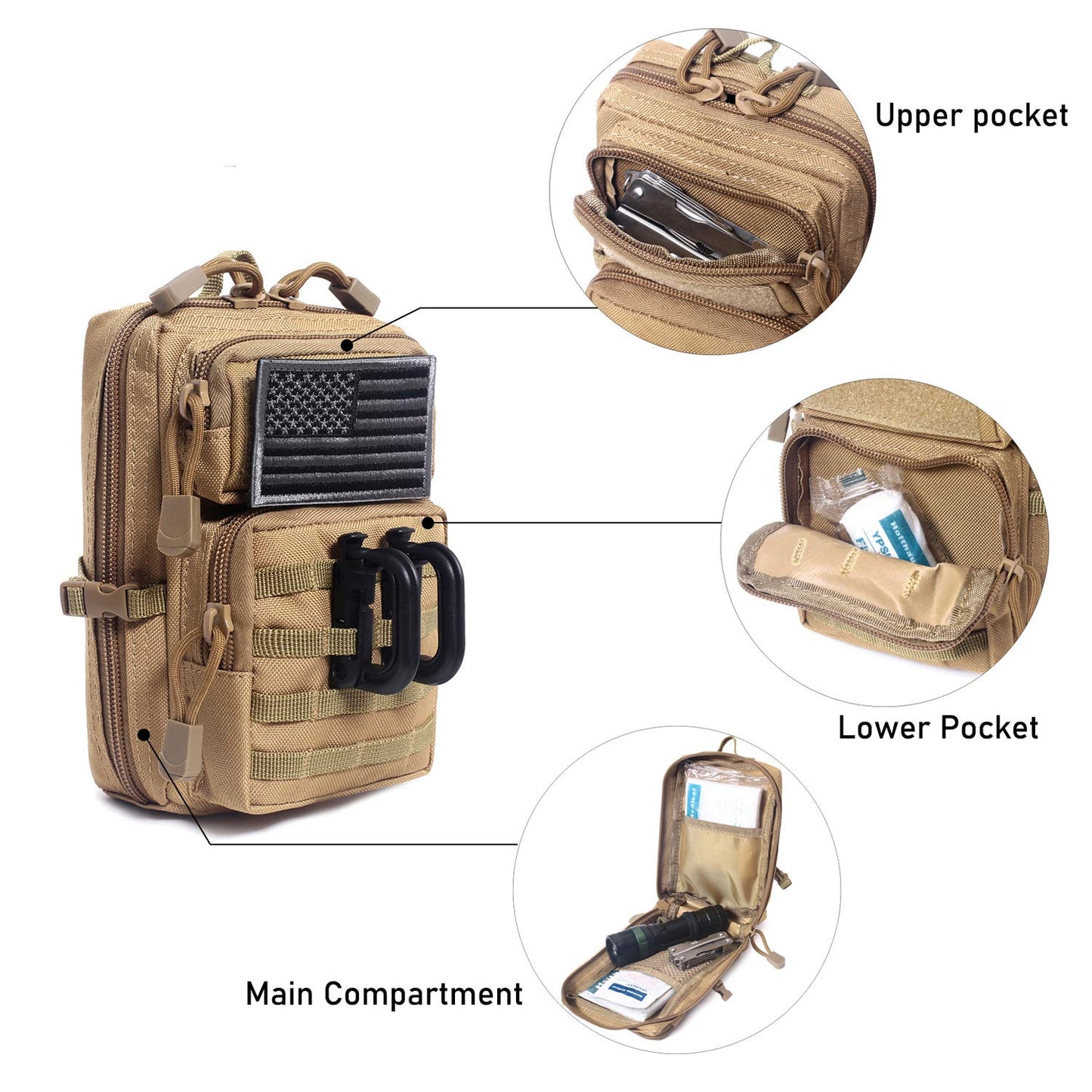 Tactical Molle Pouch Compact EDC Tool Pouch Bag Mini Utility Pouch with US Flag Patch, Shoulder Strap & Two D-Rings (CP)