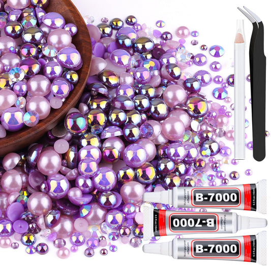 80g Flatback Pearls and Rhinestones for Crafting, Purple 3-10mm Resin Rhinestones and Half Pearls for Bedazzling, Nail Art and Dec with 3pcs 10ml B7000 Jewelry Glue, Tweezer and Pickup Pencil