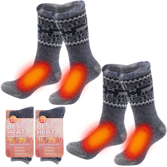 Sunew Heated Thermal Socks, Men’s Cold Winter Outdoor Athletic Warmest Insulated Hot Trapping Boot Skiing Socks, Big Boys’ Comfort Indoor Heavy Brushed Fuzzy Slipper Casual Socks, 2 Pack Pewter Large