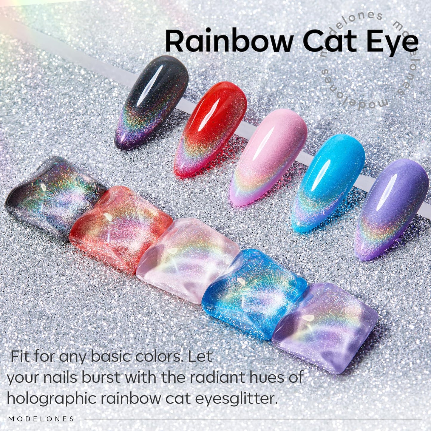 modelones Cat Eye Gel Nail Polish Top Coat, 2-in-one Rainbow 9D Glitter Clear Gel Polish with Magnet Stick Holographic Glossy Finish Long Lasting Soak Off Manicure Home Salon Nail Art 10 ML