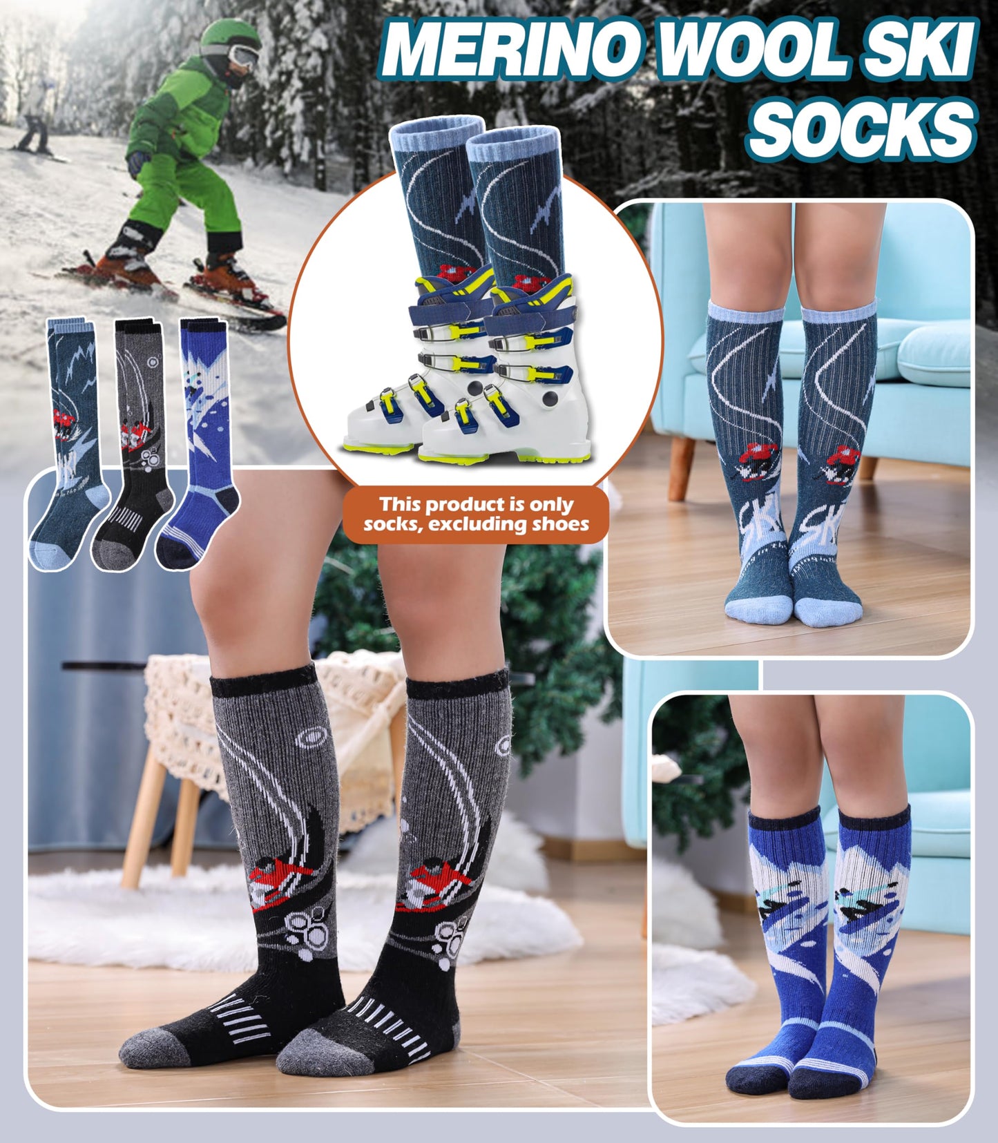 DOSKONI Kids Merino Wool Ski Socks Boys Girls Thermal Winter Warm Thick Cozy Socks for Skiing Snowboarding 3 Pairs Skate Green Blue Grey,8-12 Year Old