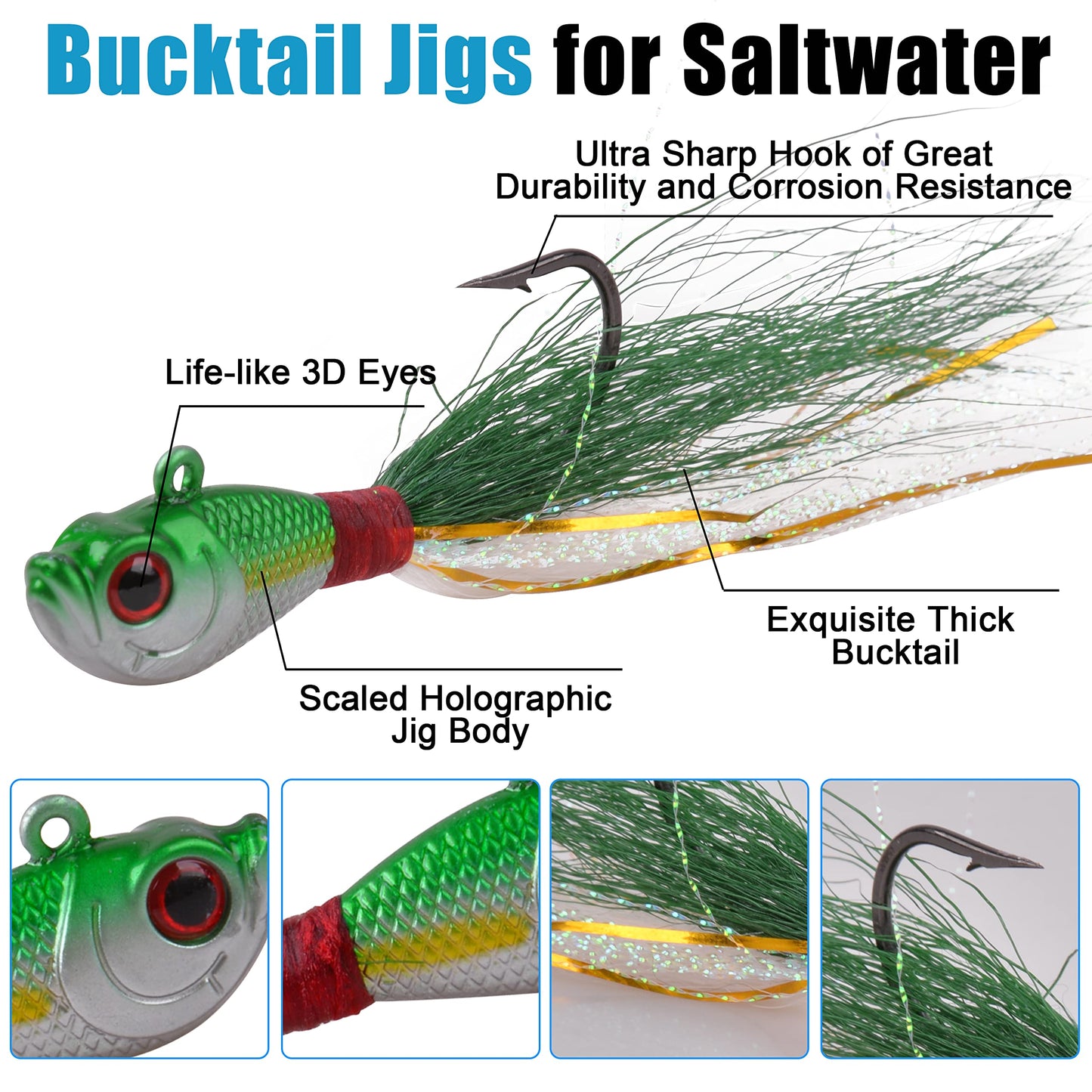 Bucktail Jigs Saltwater Hair Jig Lures, 5pcs Bucktail Jigs Fishing Lures Surf Fishing Jig Head Swimbait Jig Hook for Bass Flounder Striper 1/4oz 1/2oz 1oz 1.5oz