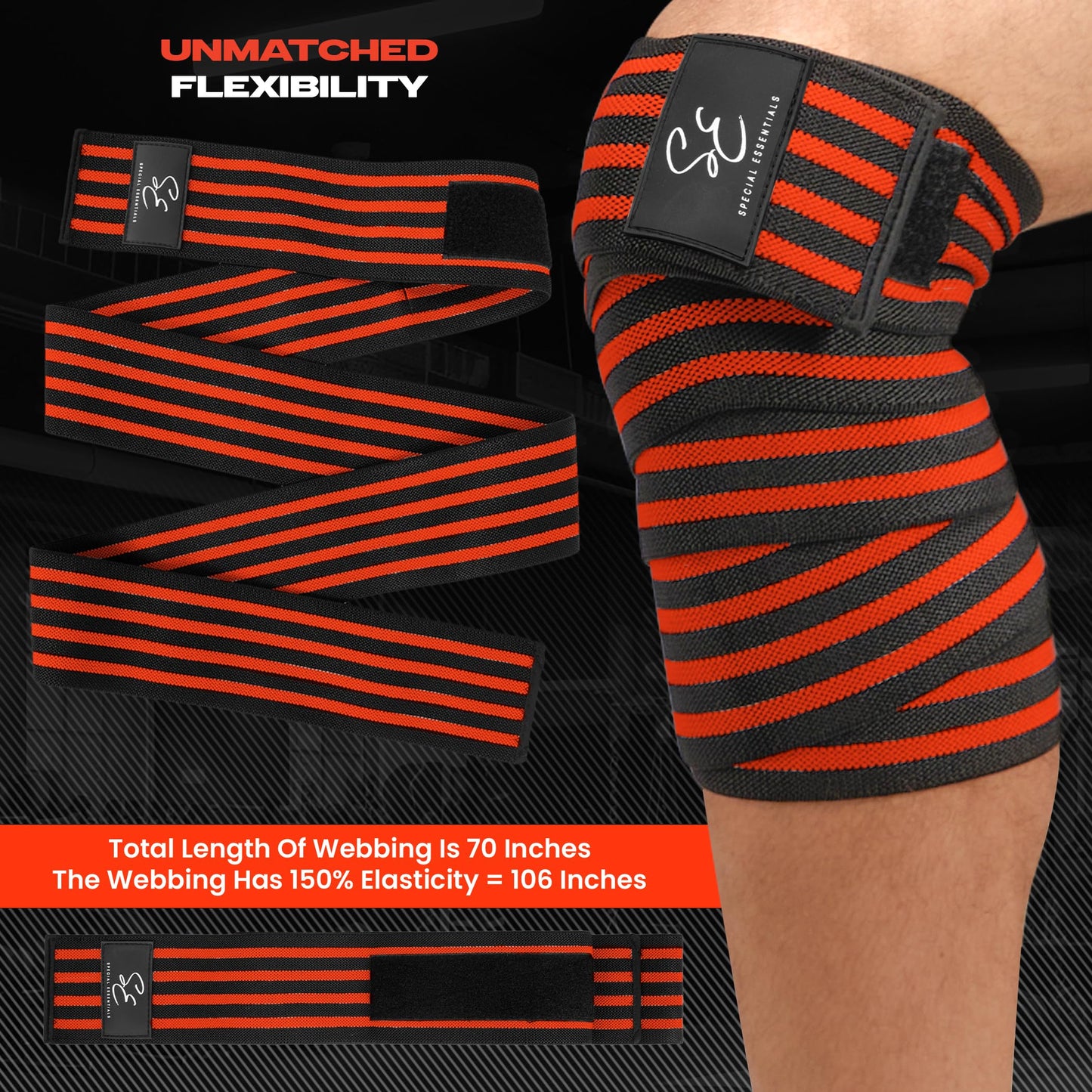 Special Essentials Knee Wraps for Weightlifting with Strap (2 Pack) - 72 Inches Flexible Support for Men & Women, for Powerlifting, Squats, Leg Press, and Cross Training