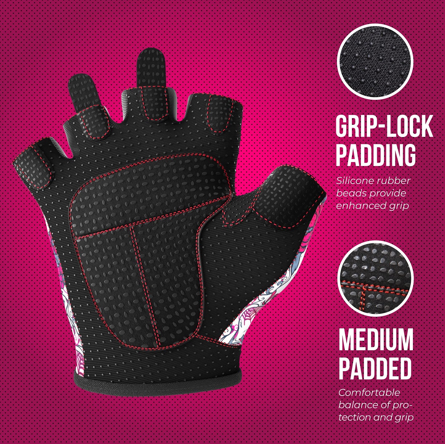 Contraband Pink Label 5237 Womens Designer Workout Gloves | Sugar Skull Print w/Grip-Lock™ Padding (Pink, X-Small)