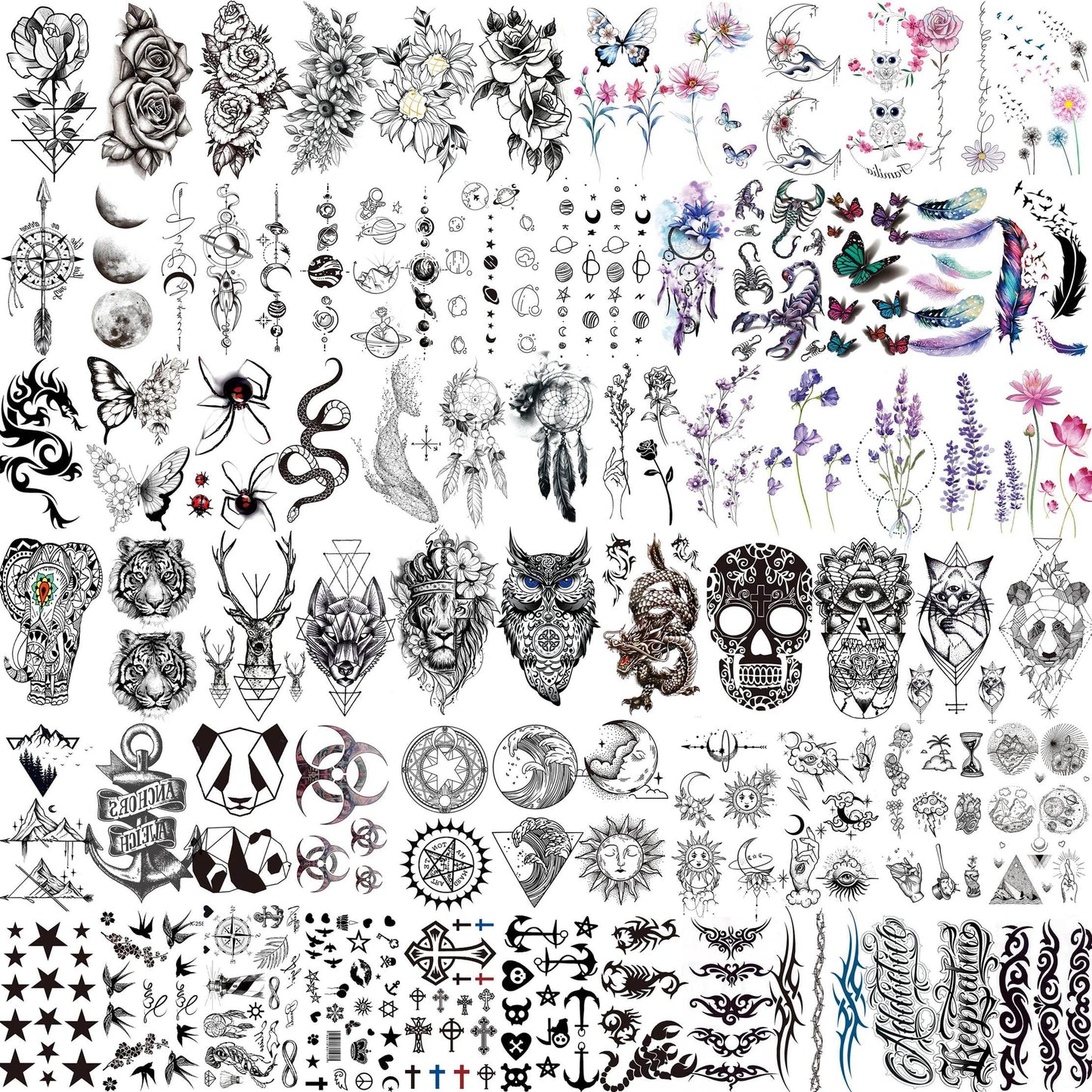 71 Sheets Small Cute Temporary Tattoos For Women Men Hands Neck Finger, Floral Space Moon Fake Long Lasting Tattoos Adults, Lavender Anchor Panda Halloween Snake Dragon Tiger Lion Animals Tattoos
