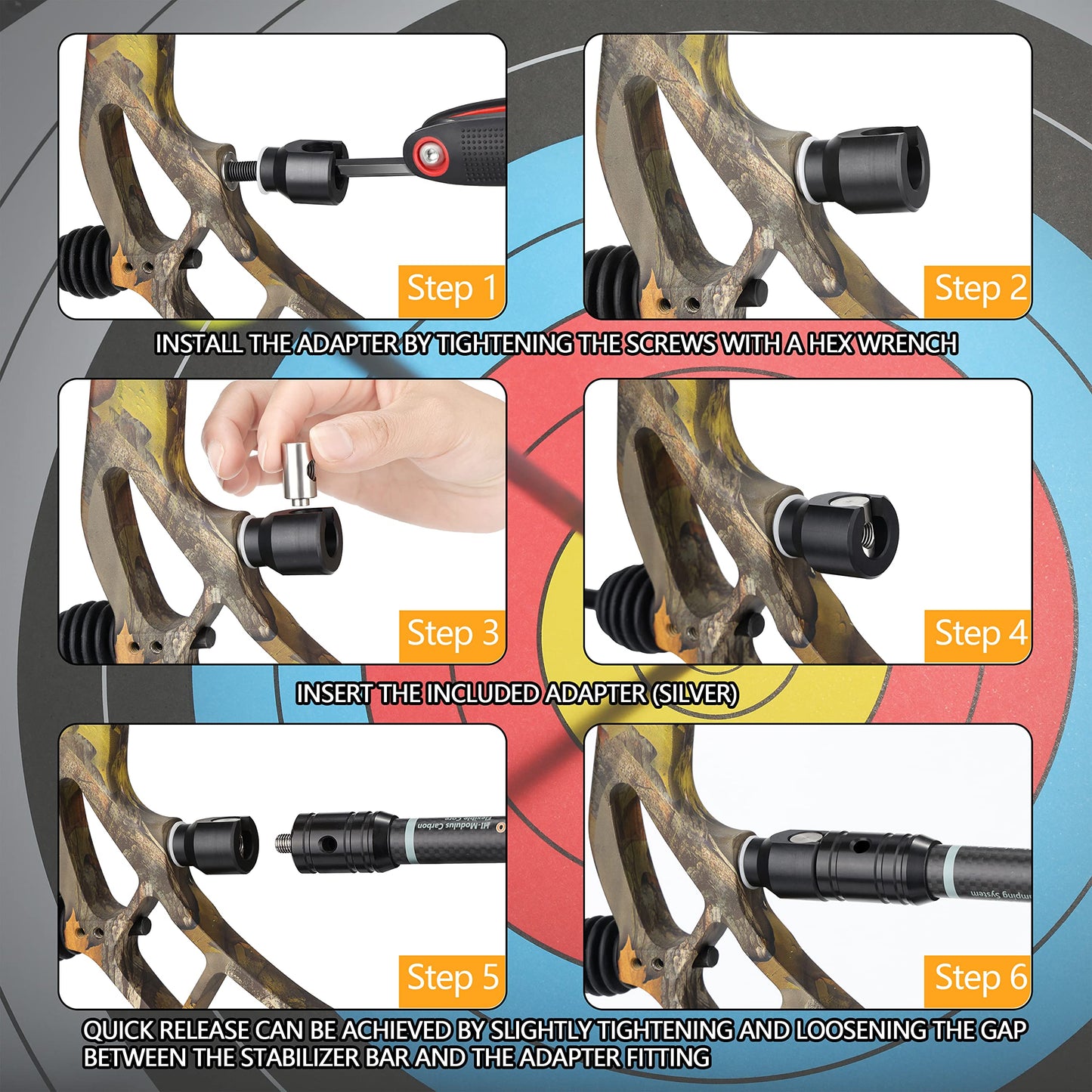 SUNYA Archery Bow Stabilizer Adapter, Quick Disconnect, 2 Mounting Angles for Compound Bow and Recurve Bow. Aluminum with Anodized Finish