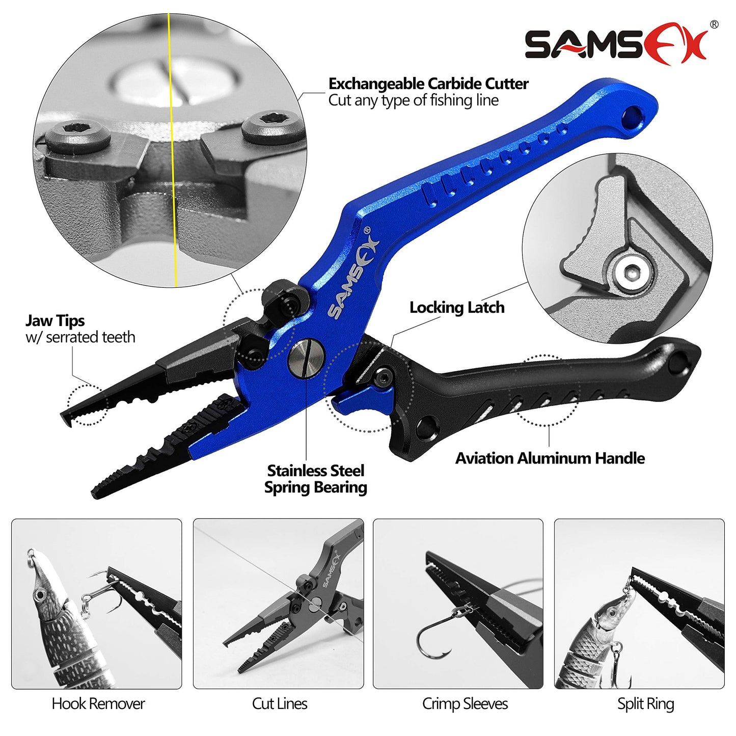 SAMSFX Aluminum Fishing Pliers Hook Remover Braid Line Cutter with Coiled Lanyard, Fly Fishing Knot Tying Tool & Retractors
