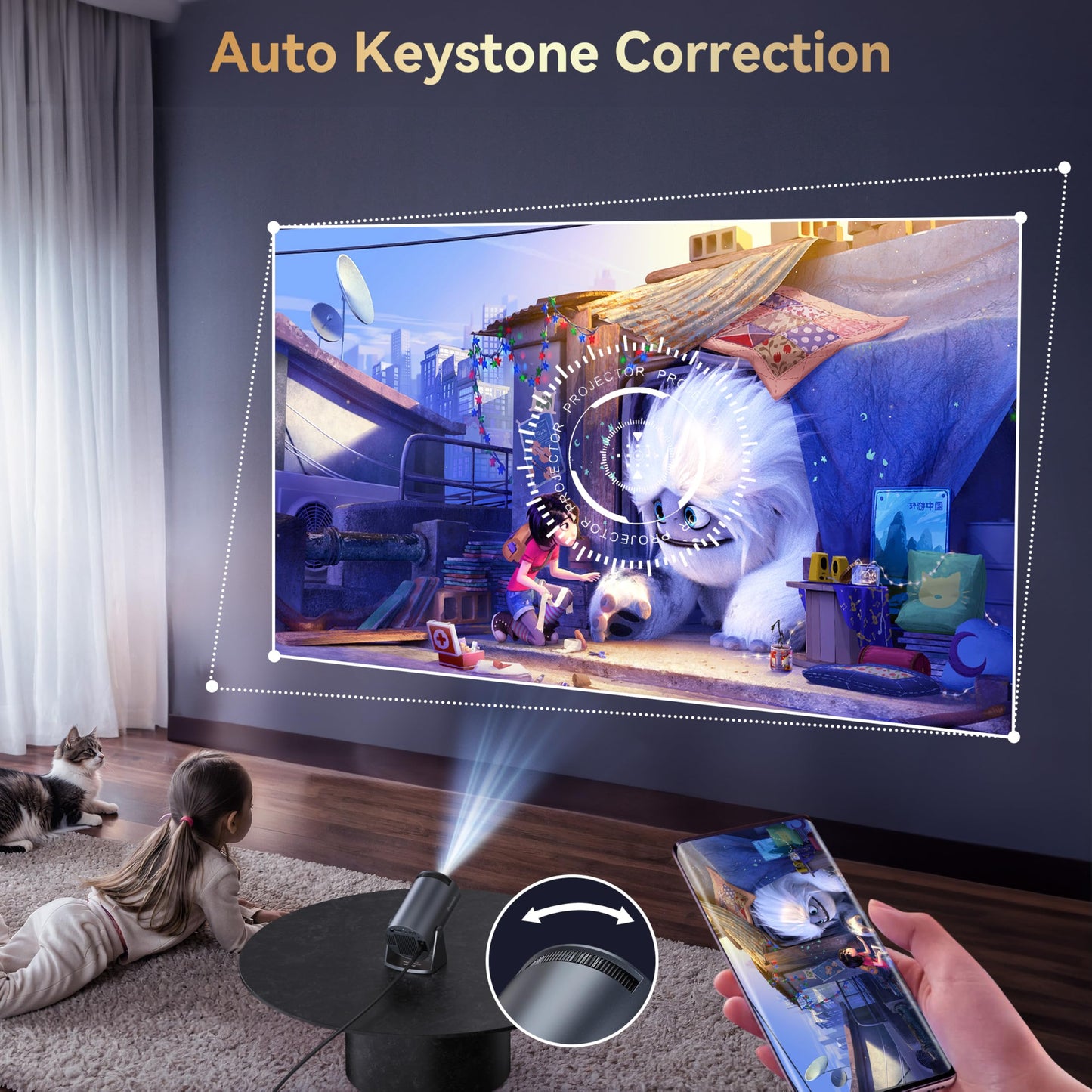 Polocsh Mini Projector Built in Android TV 11.0 Portable Smart Projector with Wifi and Bluetooth 210°Rotatable 1080P Support Short Throw Outdoor Auto Keystone 40''-150'' Screen Home Theater Projector
