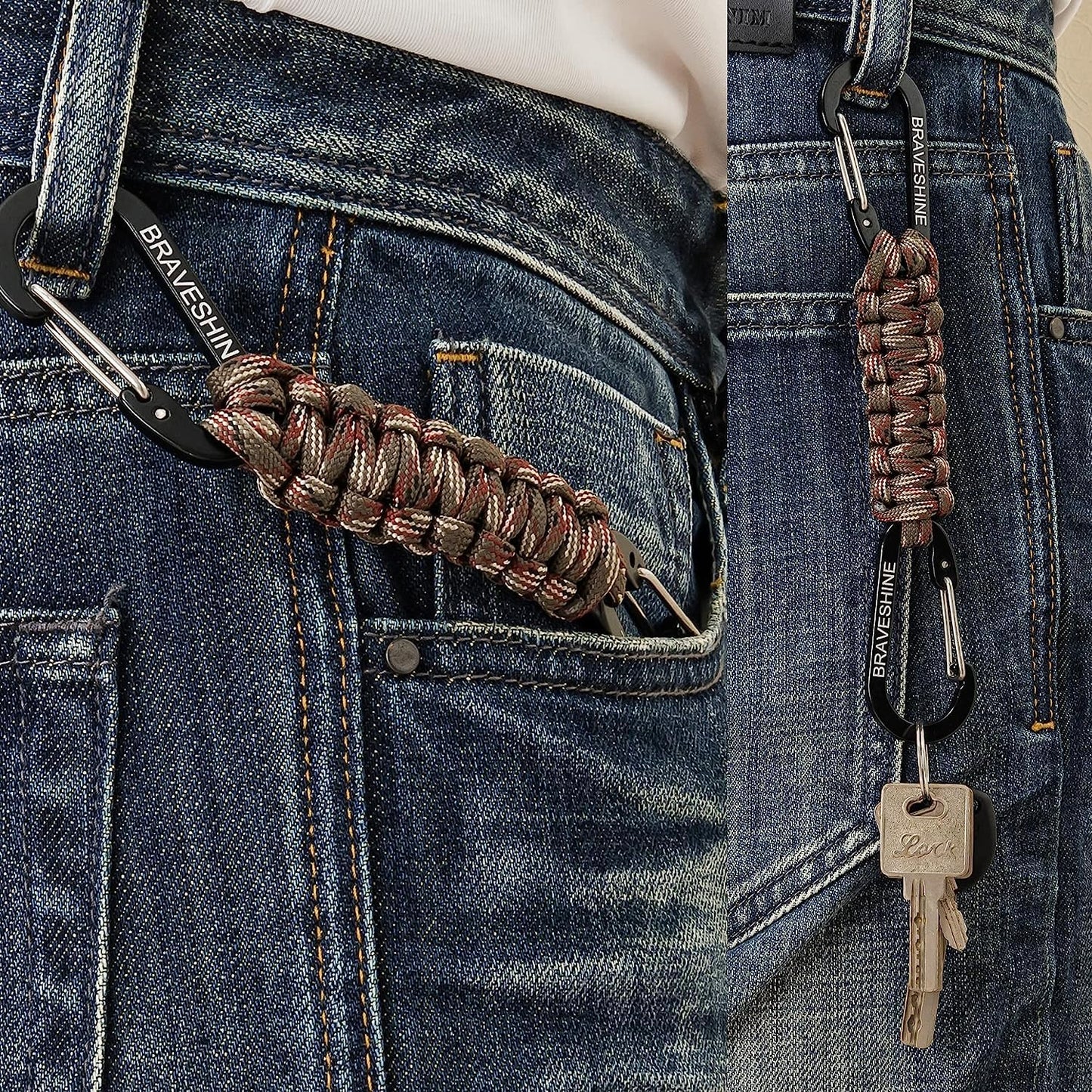 BRAVESHINE 1 Black 1 Camo Paracord Keychain Hook Carabiner Clips, Lanyard Hanger with D Ring Hooks Heavy-Weight Stroller Hook Holder for Water Bottle, Key, Backpacks, Tools, Boys, Girls, Men, Women
