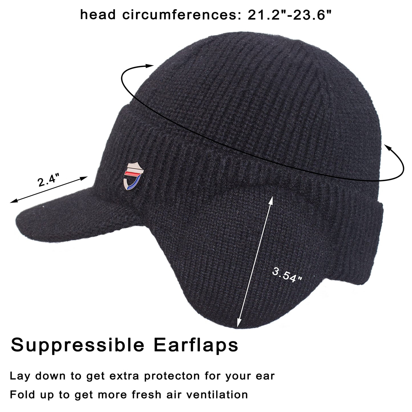 Muryobao Mens Winter Visor Beanie Hat Scarf Set Warm Knit Earflaps Hat Thick Fleece Lined Winter Cap with Neck Warmer for Outdoor Sports Black