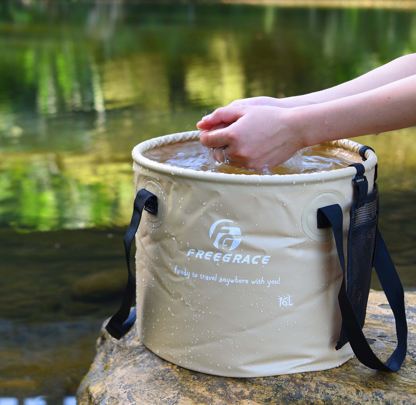 Freegrace Premium Collapsible Bucket -Multifunctional Folding Bucket -Perfect Gear for Camping, Hiking & Travel (Khaki, 10L)