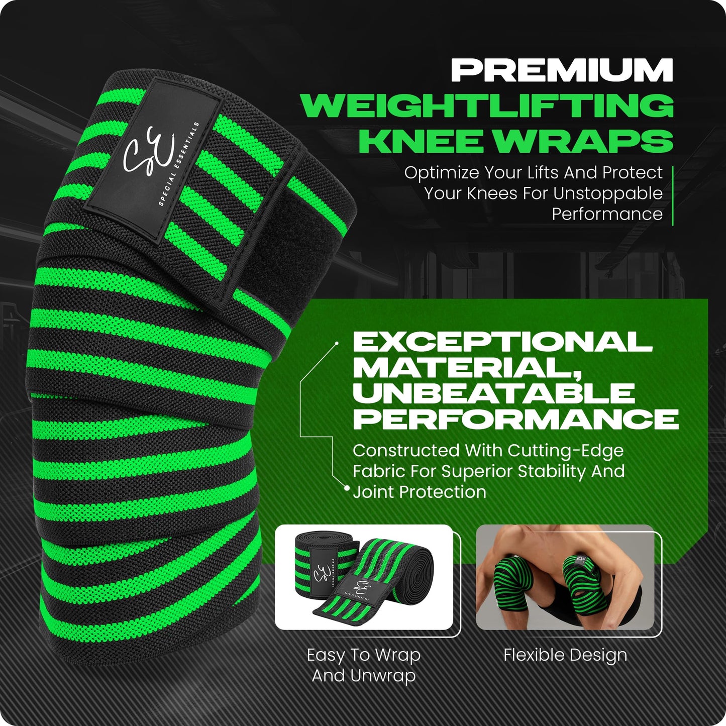 Special Essentials Knee Wraps for Weightlifting with Strap (2 Pack) - 72 Inches Flexible Support for Men & Women, for Powerlifting, Squats, Leg Press, and Cross Training