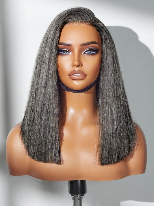 LUVME HAIR 14'' Grey Salt & Pepper Bob Wig Blunt Cut Bob Wig Pre Cut Glueless Wigs Glueless Lace Front 14 Inches Bob, Pre Cut Plucked Hd Lace Short Wig Ready To Go Natural Color Straight Side Part