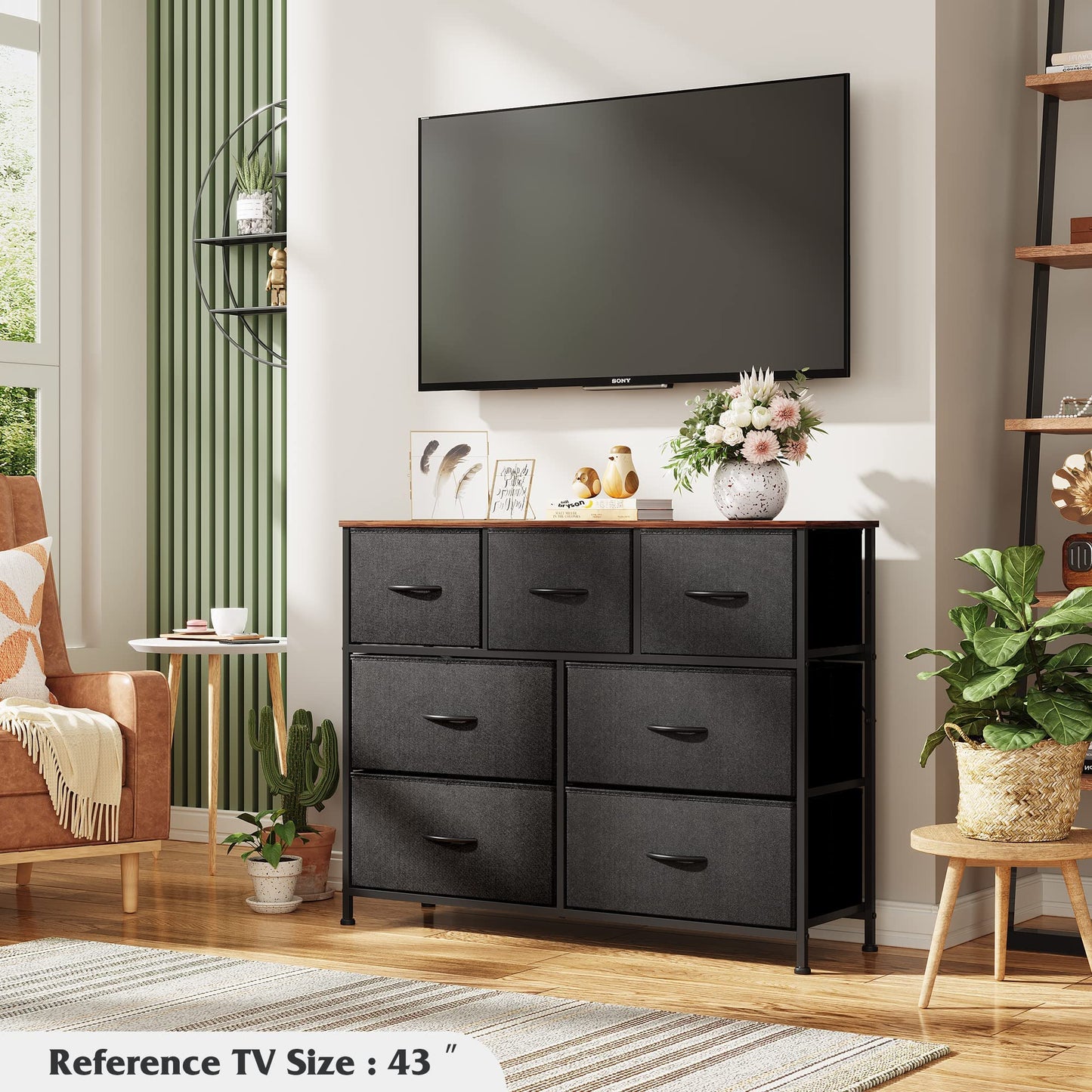 WLIVE 7 Drawer Dresser TV Stand, Entertainment Center, Media Console Table with Metal Frame and Wood Top for TV up to 45 inch, Chest of Drawers for Bedroom, Living Room, Black and Rustic Brown