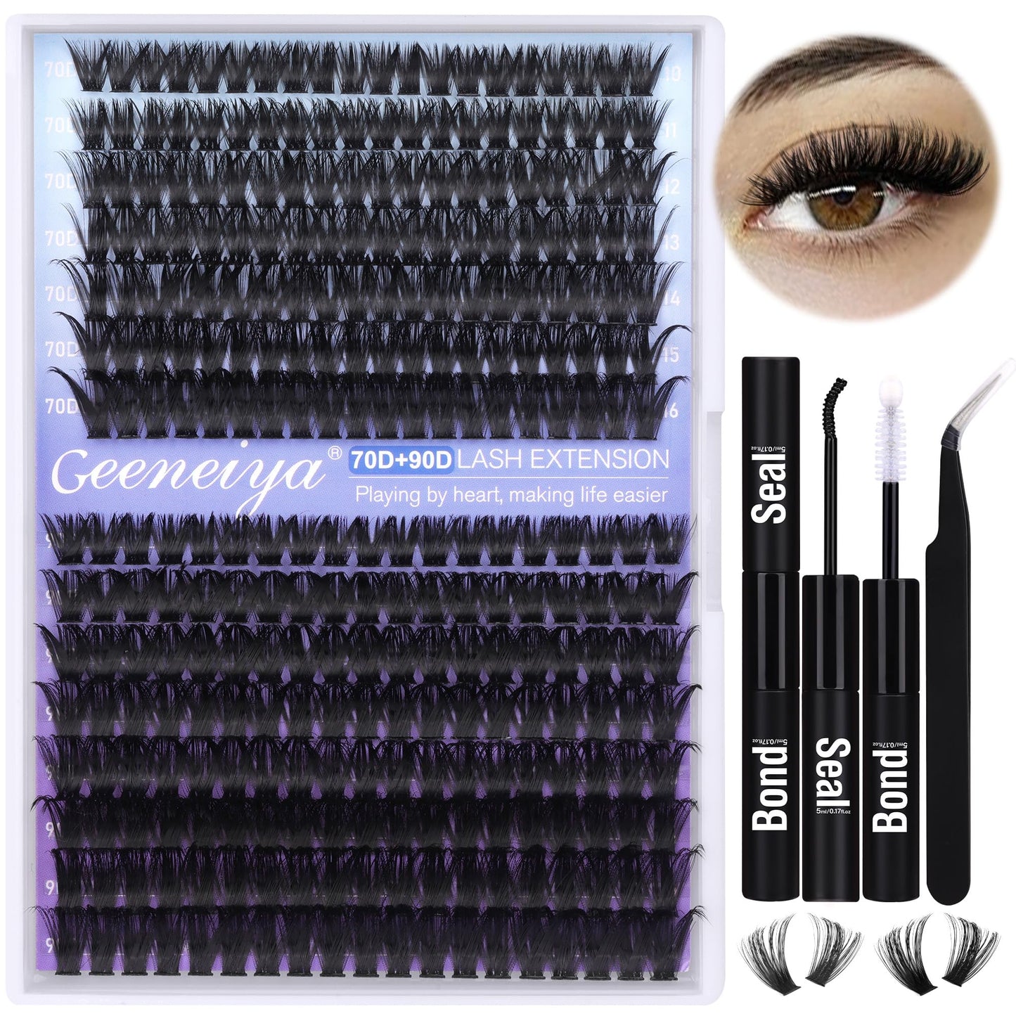 Geeneiya Wispy Lash Clusters Kit 70D+90D Lash Extension Kit 10-18mm Natural Cluster Eyelash Extensions Kit Individual Lashes with Waterproof Lash Bond and Seal Glue, Lash Tweezers (300PCS)
