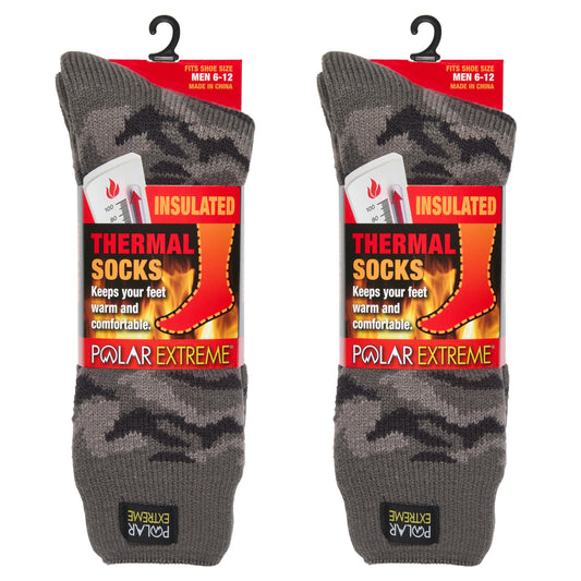 Polar Extreme Men's Thermal Socks, Grey Camo/Grey Camo, 2-Pack, Insulated and Warm, Cold Weather