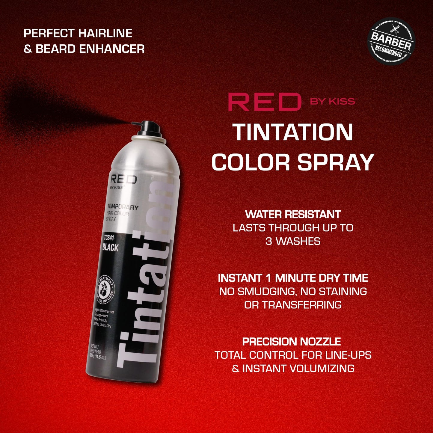 RED by Kiss Tintation Temporary Hair Color Spray, Extra Large Size, Instant Gray Root Cover Up, Water-Resistant, Smudge-Proof, Hairline & Barber Touch-Up, Quick Dry (Black, 11.5 OZ)