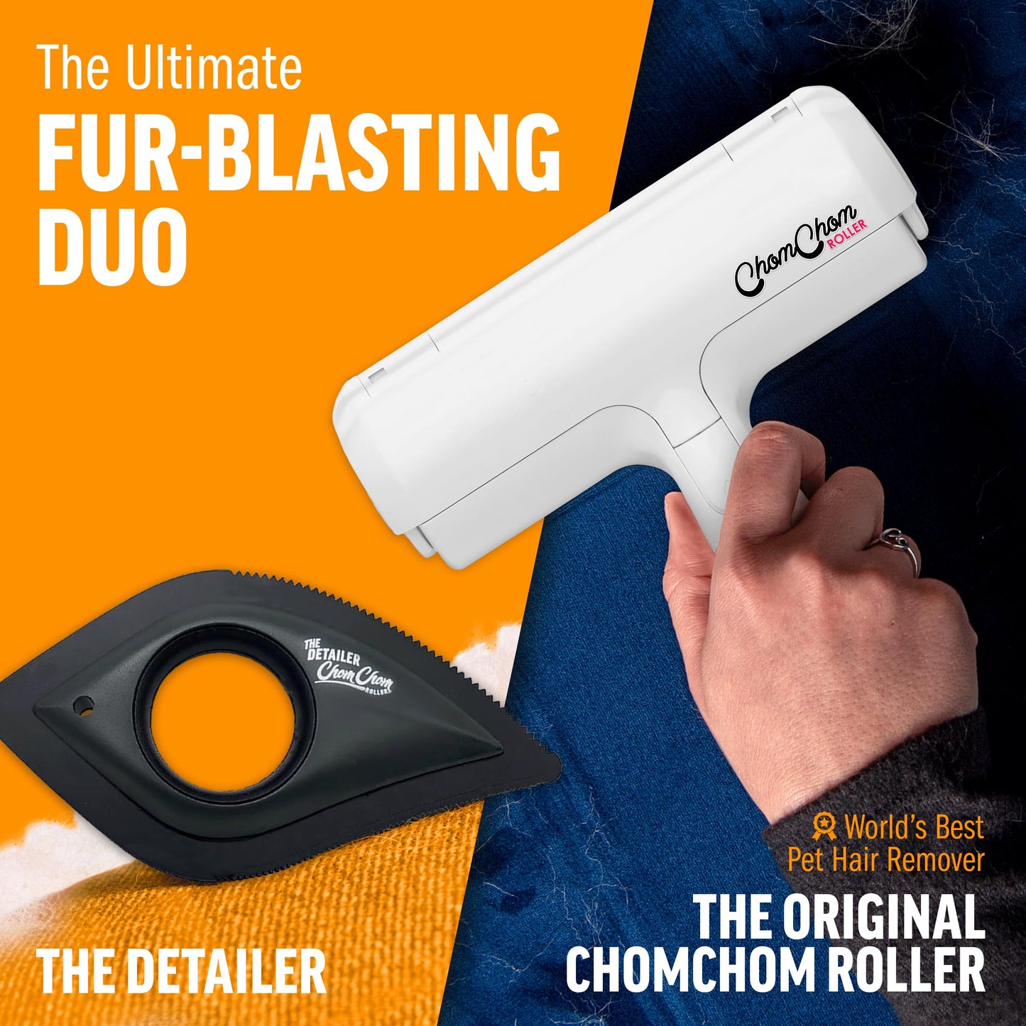 ChomChom Roller & Detailer Bundle - Pet Hair Remover and Reusable Lint Roller - ChomChom Cat and Dog Hair Remover for Furniture, Couch, Carpet, Clothing and Bedding - Multi-Surface Fur Removal Tool