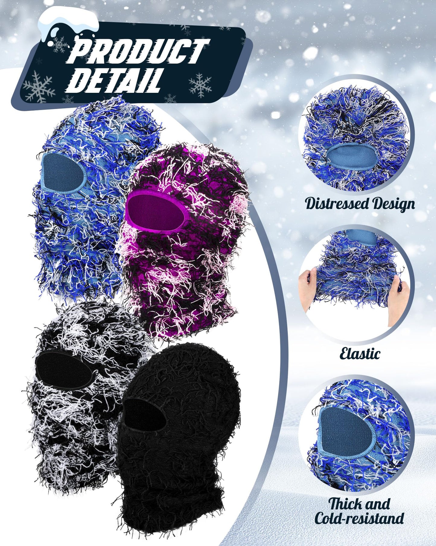 Panitay 4 Pcs Men Distressed Balaclava Winter Trending Ski Masks Women Wind Proof Furry Distress Face Mask (Main Black,White)