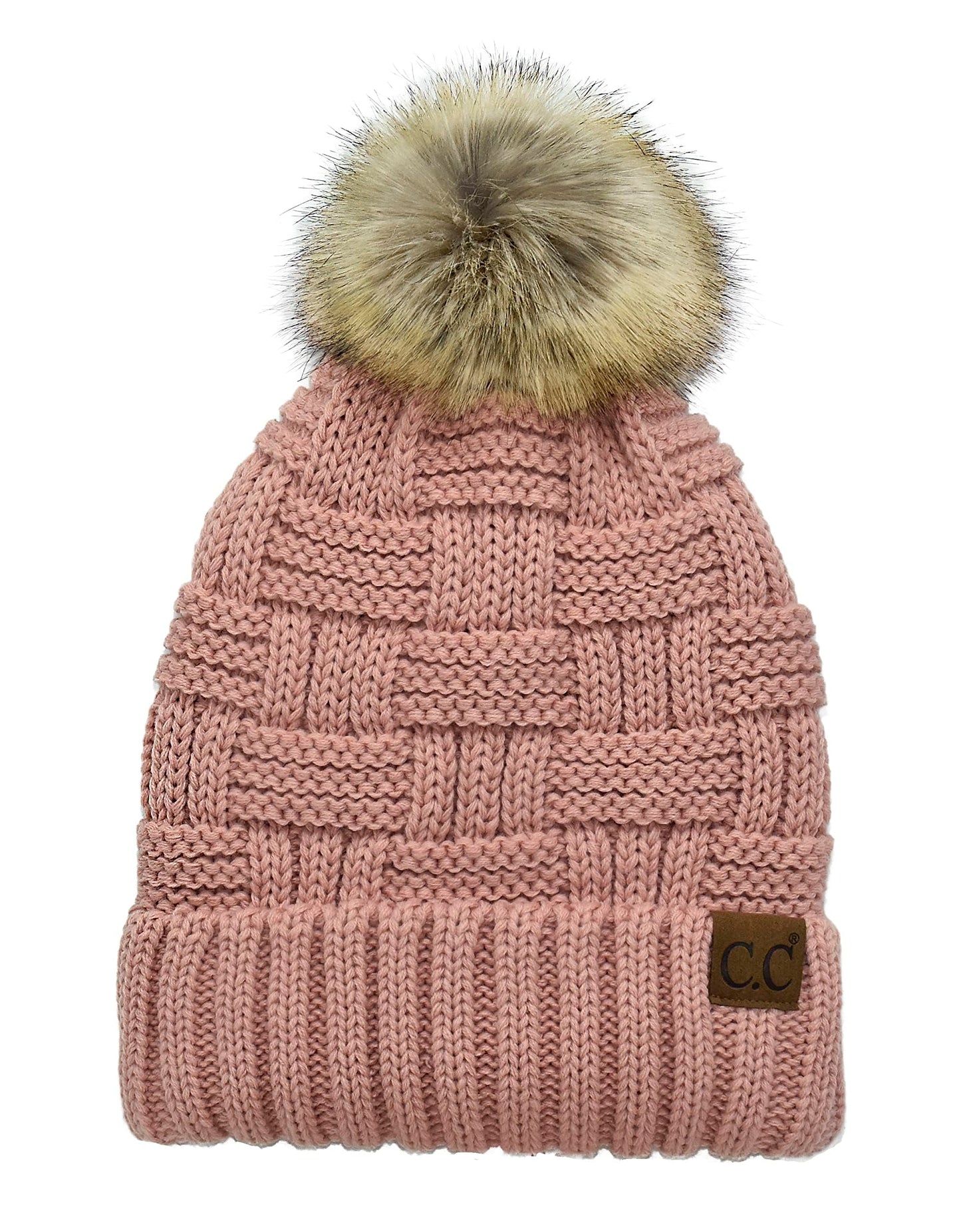 C.C. Beanie Thick Warm Fuzzy Sherpa Fleece Lining Ribbed Knitted Stretch Faux Fur Pom Beanie Hat