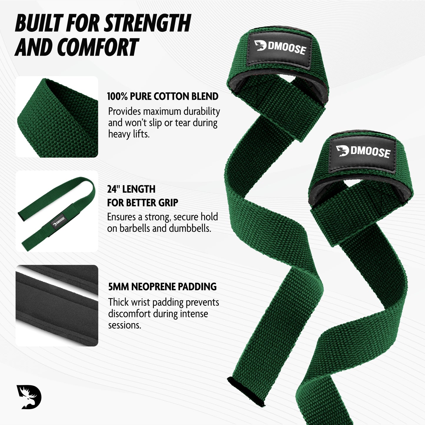 DMoose Fitness Lifting Straps - 4mm Neoprene Padded Wrist Straps for Weightlifting & Powerlifting - Cotton Lifting Strap with Silicone Grip for Men & Women - Durable Deadlift Straps for Gym Workout
