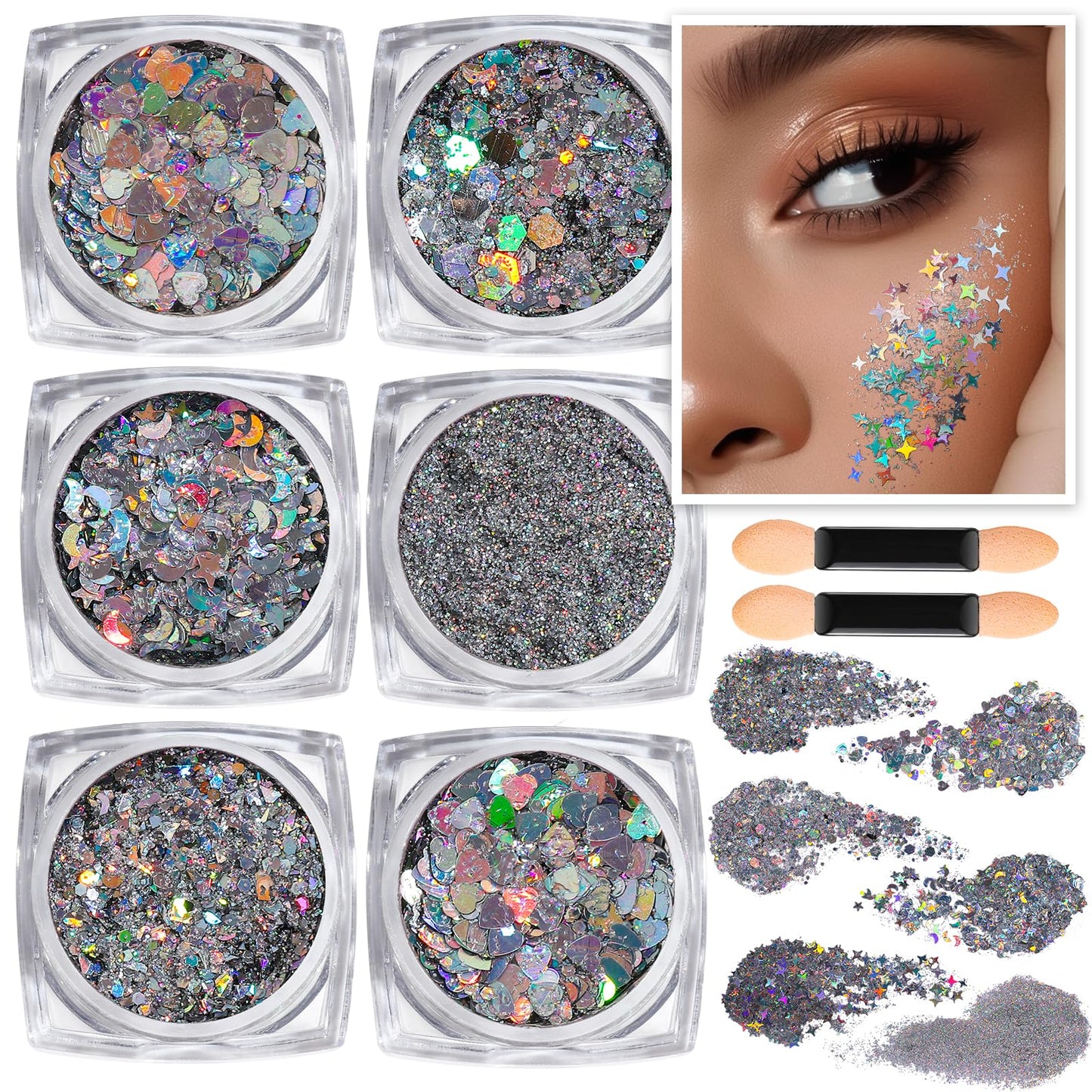 Teenitor Face Glitter, Sliver Body Glitter, Holographic Face and Body Glitter Gel for Women, Rave Glitter for Face, Hair, Eye and Body