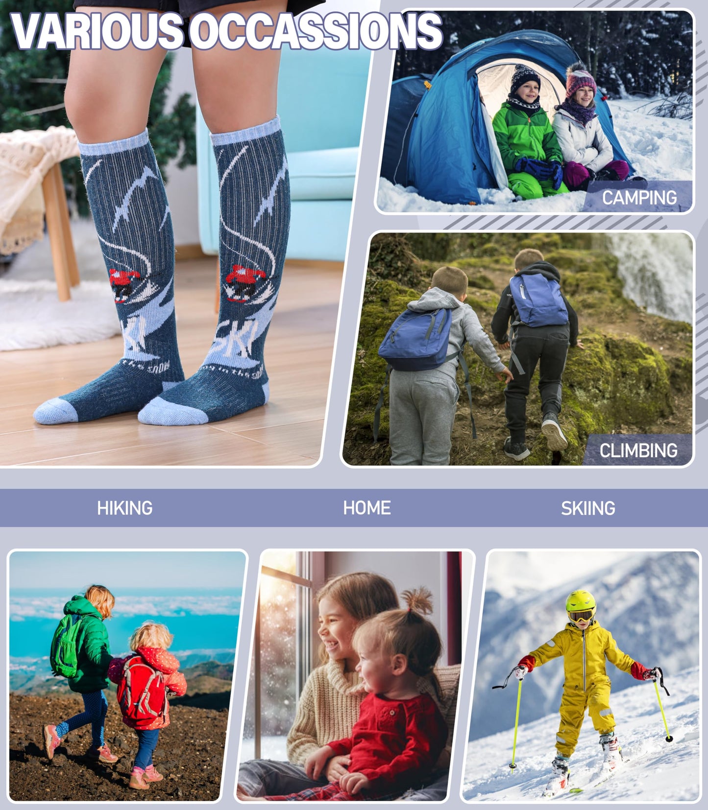 DOSKONI Kids Merino Wool Ski Socks Boys Girls Thermal Winter Warm Thick Cozy Socks for Skiing Snowboarding 3 Pairs Skate Green Blue Grey,8-12 Year Old