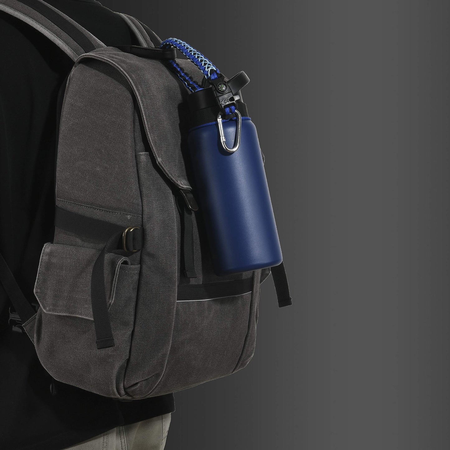 QeeCord 2.0 Paracord Handle for Hydroflask 2.0 Wide & Standard Mouth Water Bottles Strap Carrier with New Safety Ring Holder, 12oz - 64oz (32 oz-40 oz Wide Mouth, Blue/Compass+Whistle+Fire Starter)