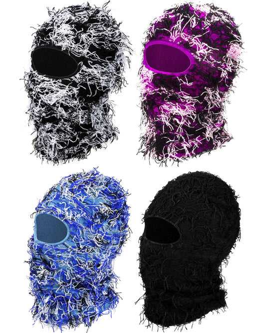 Panitay 4 Pcs Men Distressed Balaclava Winter Trending Ski Masks Women Wind Proof Furry Distress Face Mask (Main Black,White)