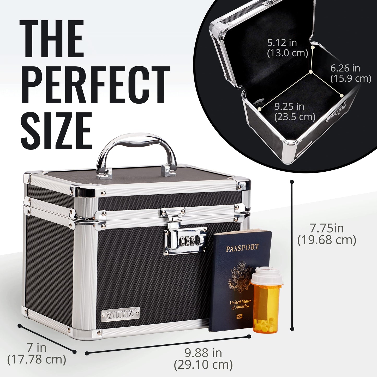 Vaultz Secure Security Lock Boxes - Safe Combination Lock Box, Storage for Documents, Valuables, Medicine & Money - 9.88 x 7.75 x 7 Inch - Black/Chrome