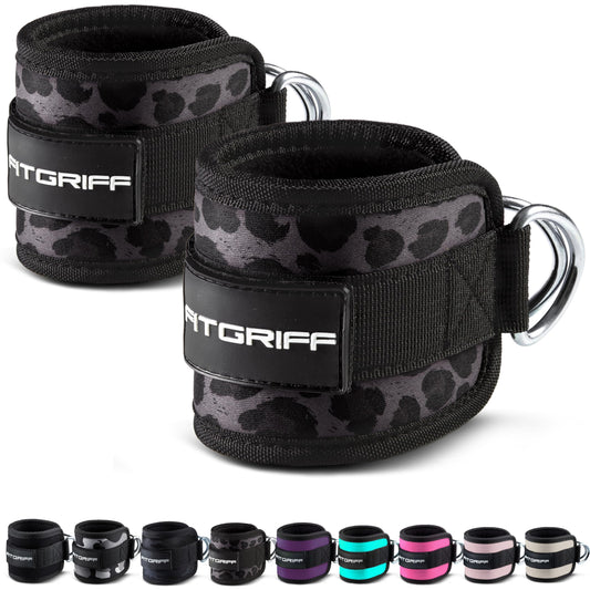 Fitgriff® Ankle Straps V1 for Cable Machine (2 Pieces) - Gym Workout Equipment - Leg Pulley Attachment, Kickback Straps (Leopard)