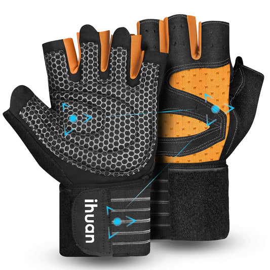 ihuan Ventilated Weight Lifting Gym Workout Gloves with Wrist Wrap Support for Men & Women, Full Palm Protection, for Weightlifting, Training, Climbing, Fitness, Hanging, Pull ups (Orange, XS)