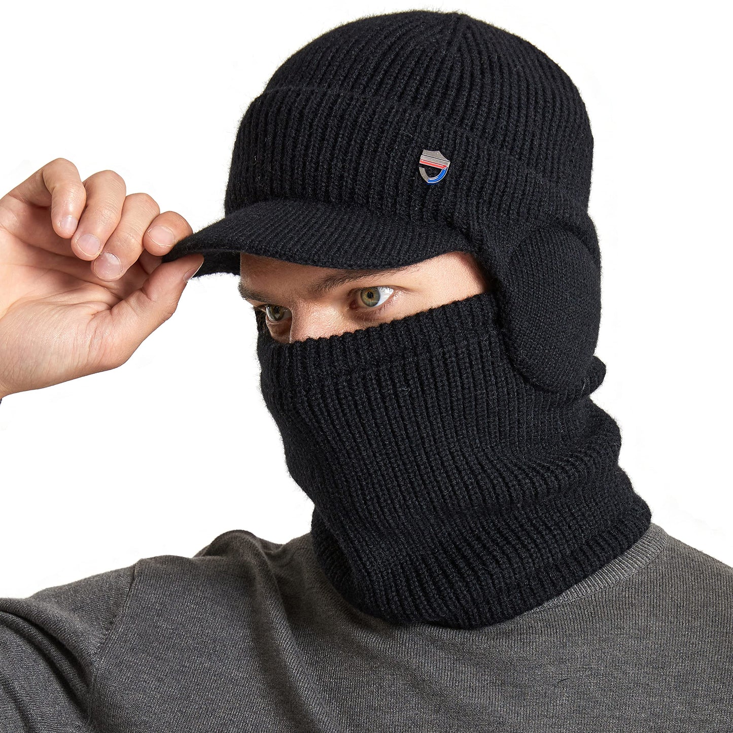 Muryobao Mens Winter Visor Beanie Hat Scarf Set Warm Knit Earflaps Hat Thick Fleece Lined Winter Cap with Neck Warmer for Outdoor Sports Black