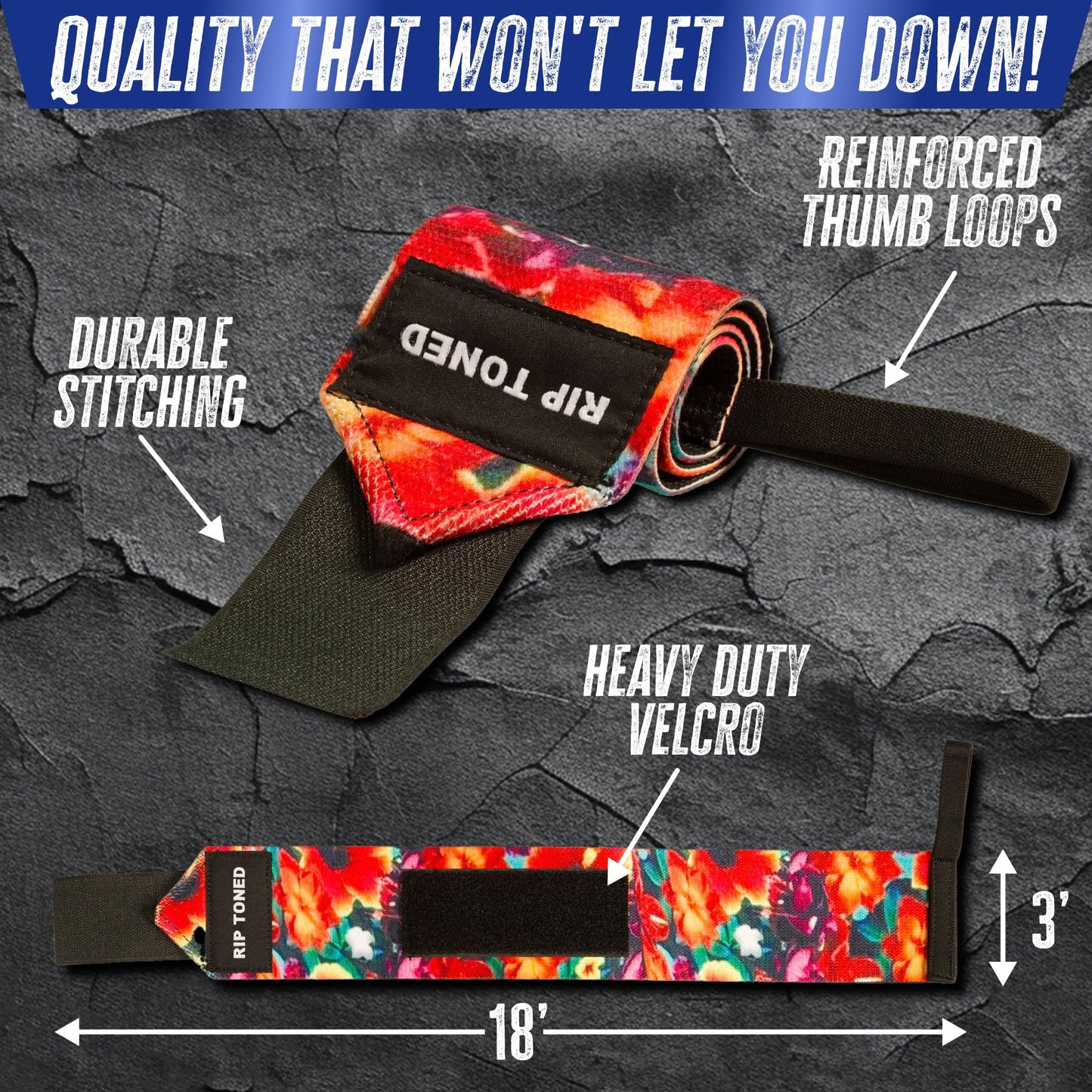 Rip Toned 18” Wrist Wraps - Wrist Straps for Weightlifting - Lift Better, Protect Wrist Pain - Adjustable, Durable, Machine Washable - Wrist Brace for Weightlifting - USPA Endorsed for Men & Women