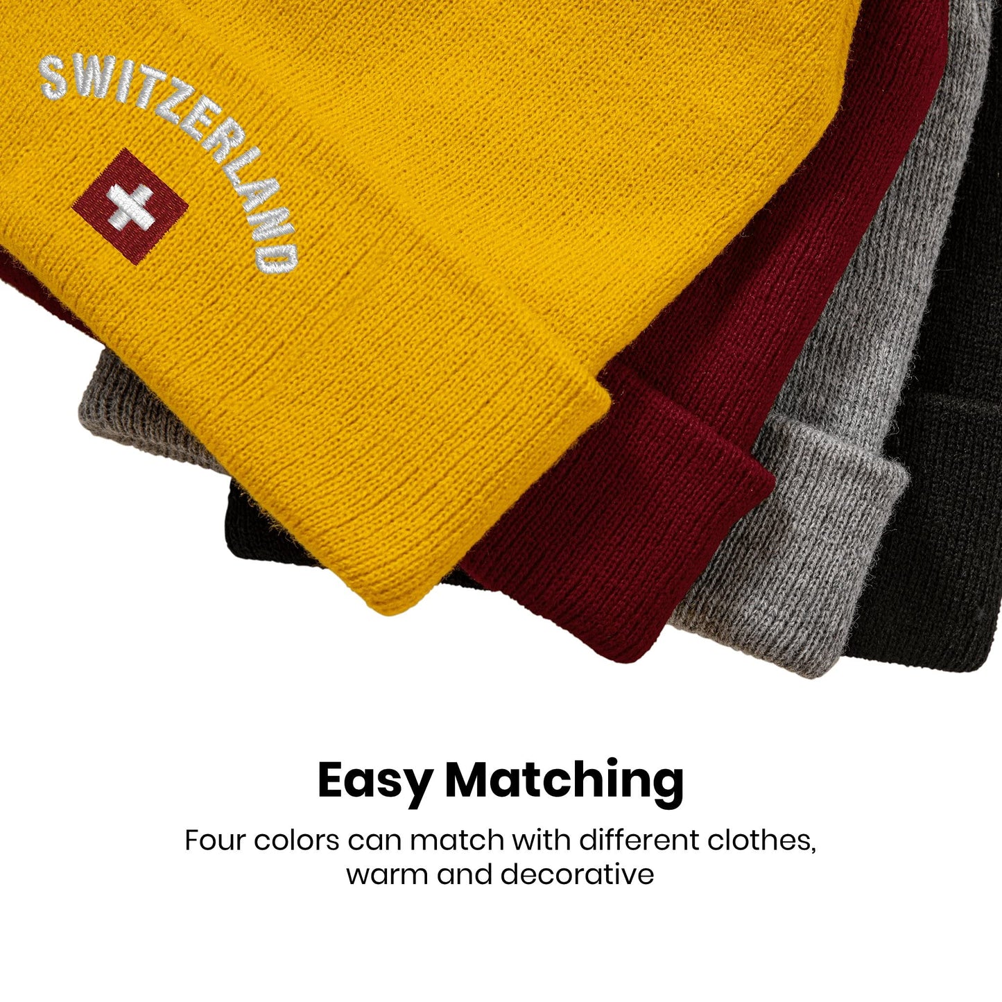 MiAnMiAn Swiss Flag Embroidery Beanie Knit Hats for Men & Women, Embroidery Winter Hats Skull Cap