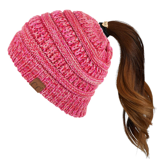 C.C Soft Stretch Cable Knit Messy Bun Ponytail Beanie Winter Hat (MB-816) (Hot Pink Multi(10))