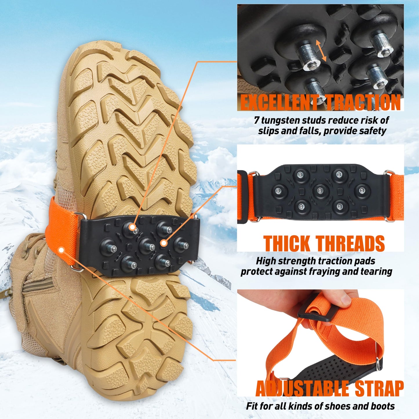 Ice Cleats Snow Traction Cleats for Walking on Snow and Ice Mid-Sole Non-Slip Crampon with Adjustable Straps 7 Tungsten Studs for Secure Grip Anti Slip Crampons for Walking Jogging Hiking