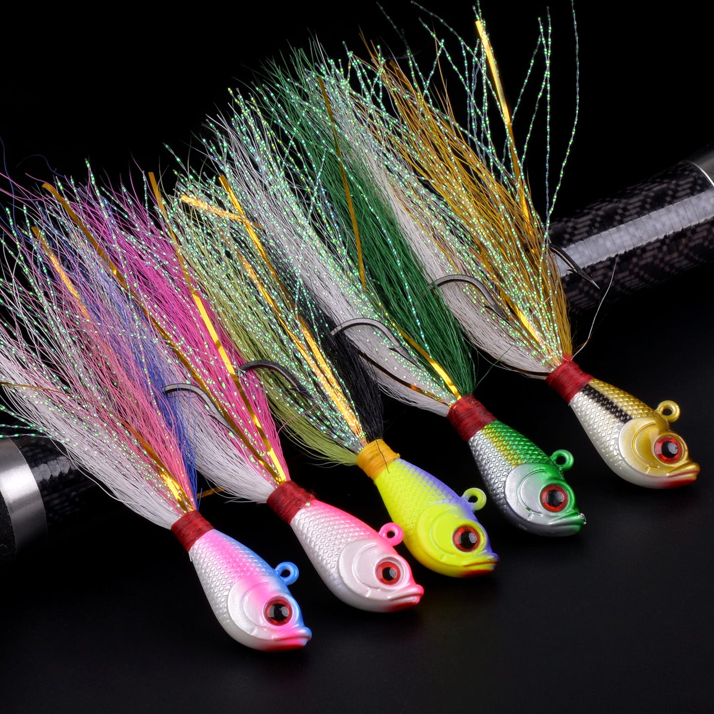Bucktail Jigs Saltwater Hair Jig Lures, 5pcs Bucktail Jigs Fishing Lures Surf Fishing Jig Head Swimbait Jig Hook for Bass Flounder Striper 1/4oz 1/2oz 1oz 1.5oz