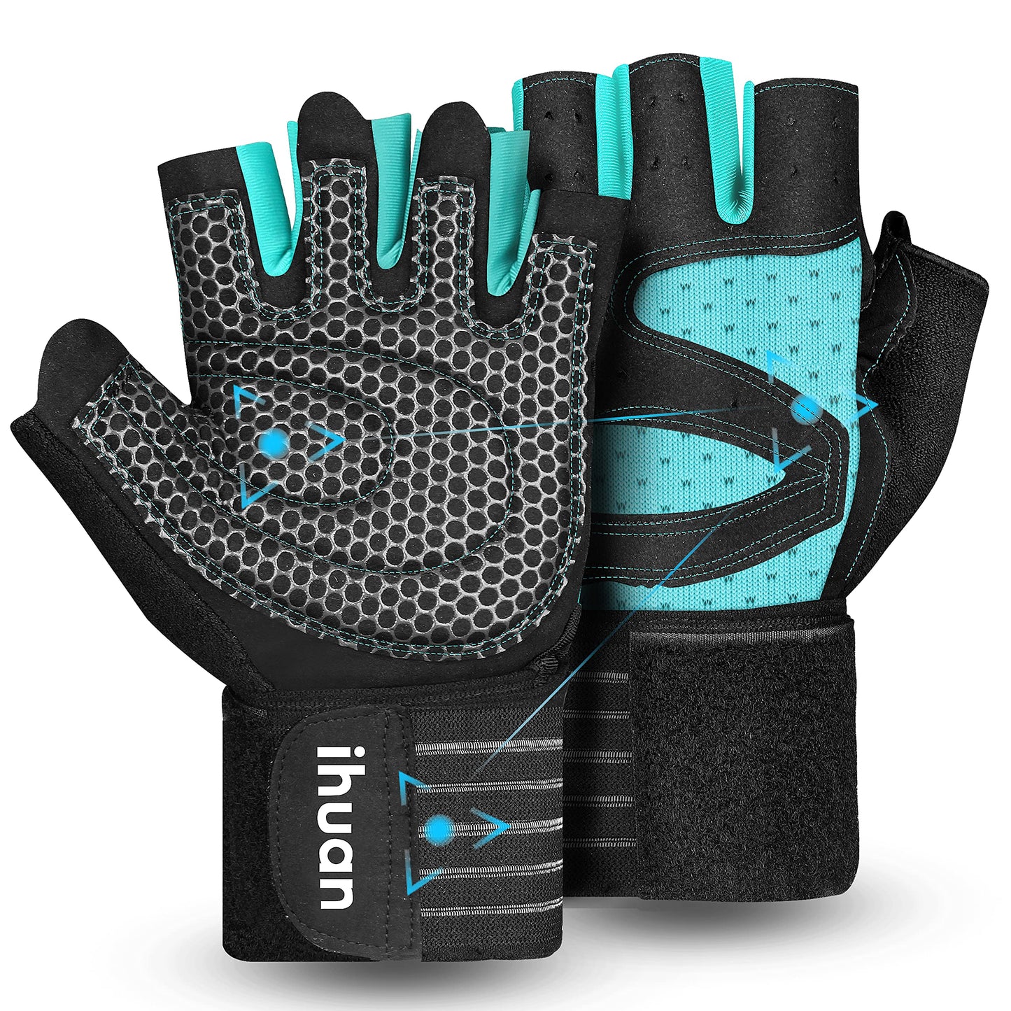 ihuan Ventilated Weight Lifting Gym Workout Gloves Full Finger with Wrist Wrap Support for Men & Women, Full Palm Protection, for Weightlifting, Training, Fitness, Hanging, Pull ups