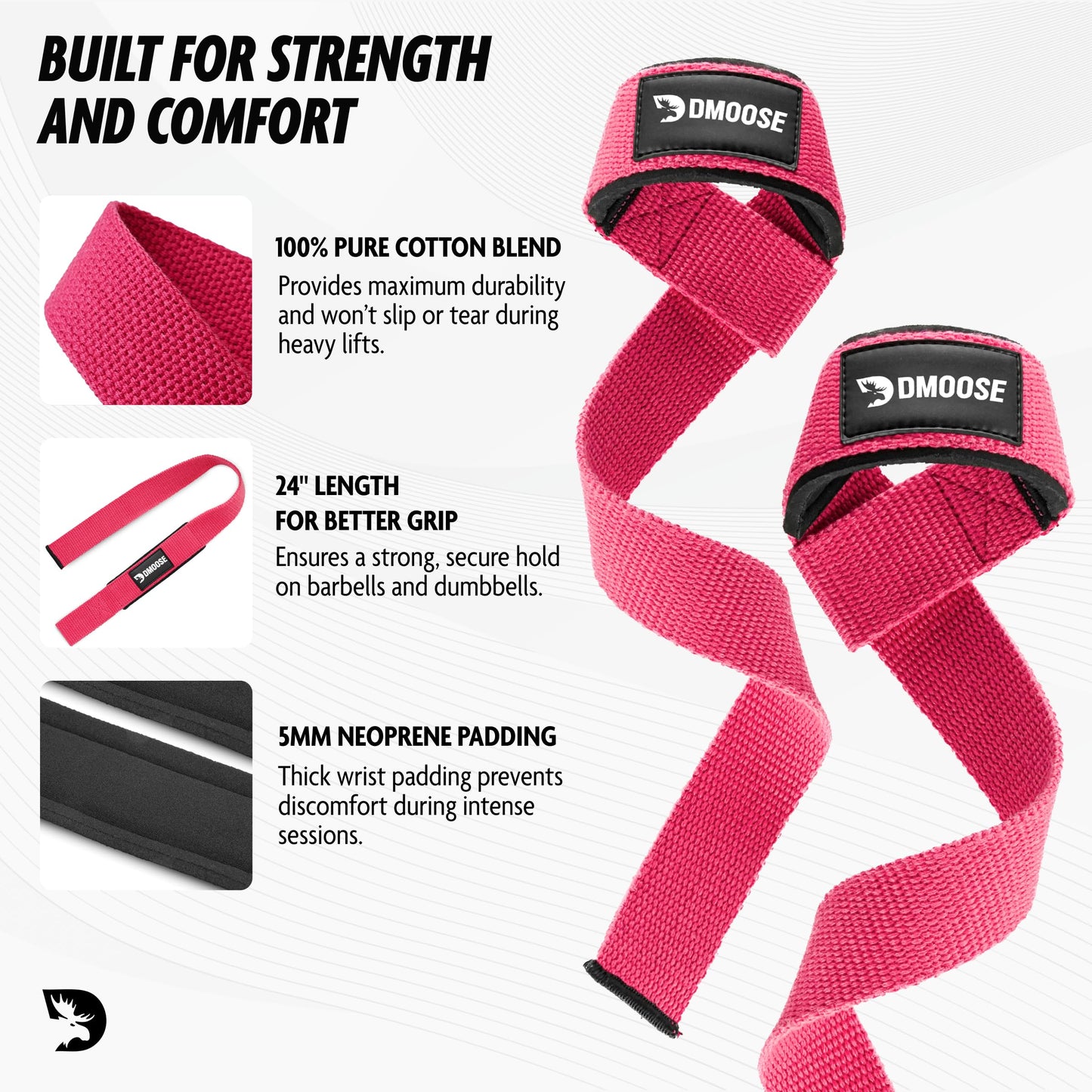 DMoose Fitness Lifting Straps - 4mm Neoprene Padded Wrist Straps for Weightlifting & Powerlifting - Cotton Lifting Strap with Silicone Grip for Men & Women - Durable Deadlift Straps for Gym Workout
