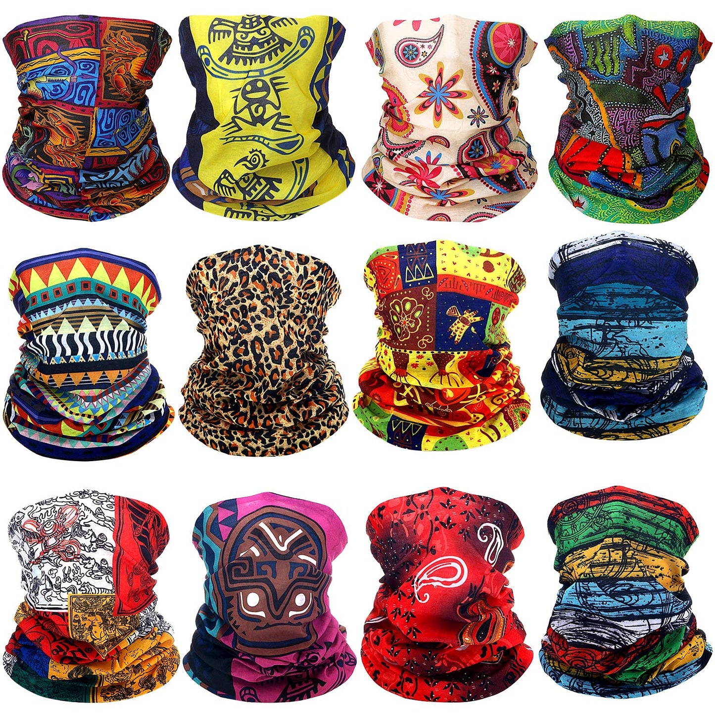Syhood 12 Pcs African Neck Gaiter Bandanas for Women Head Wrap Boho Balaclava Coverings Print Face Scarf Multi Color Medium