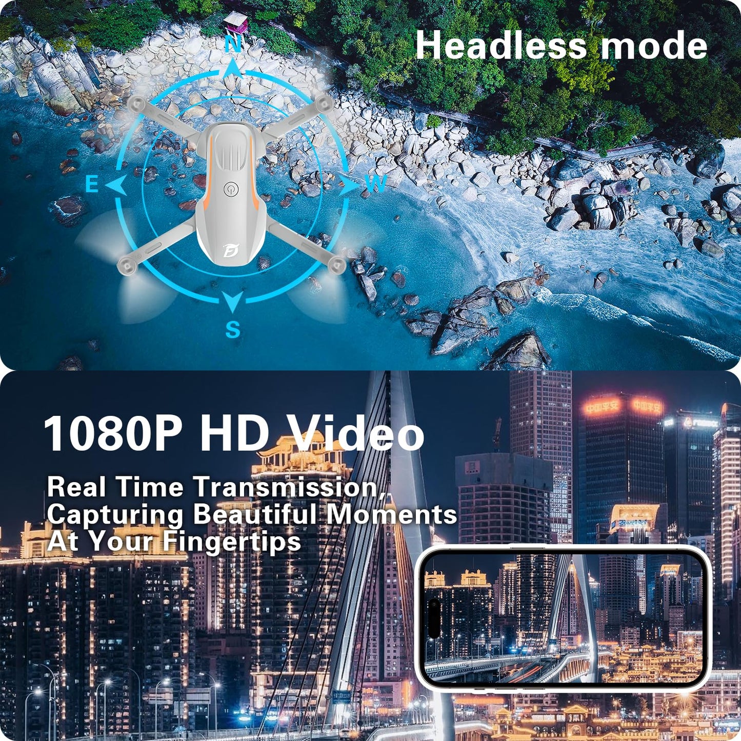 KGF Mini Drone with Camera,1080P HD FPV Foldable Drones for Kids,Adults,Gesture Control, Stable Altitude Hold, One Key Take Off/Land, 3D Flips, Waypoints Fly, Gravity Control, Kids Drone,2 Batteries