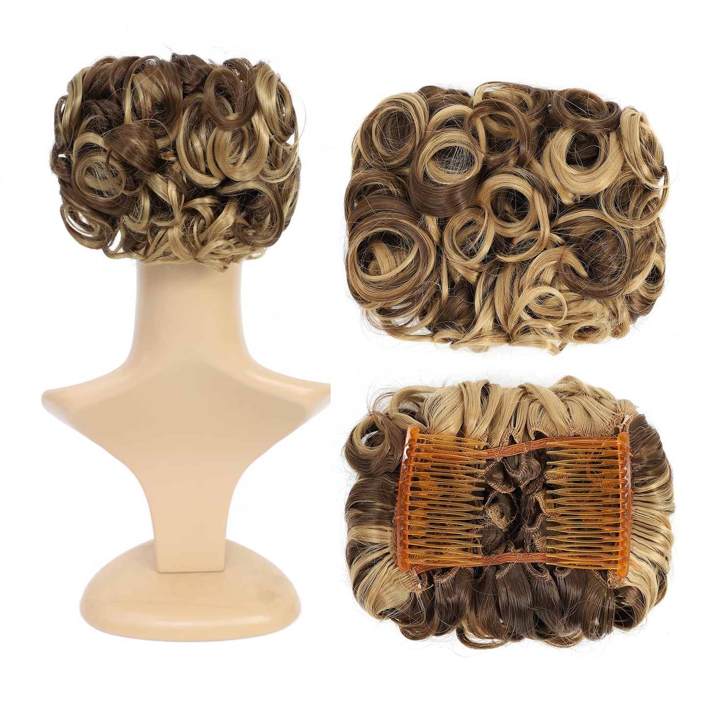 SWACC Short Messy Curly Dish Hair Bun Extension Easy Stretch hair Combs Clip in Ponytail Extension Scrunchie Chignon Tray Ponytail Hairpieces (Dark Blond Brown Mixed -9H19#)