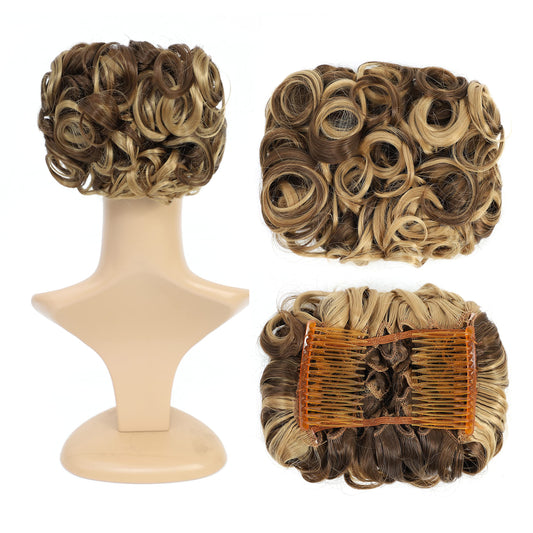 SWACC Short Messy Curly Dish Hair Bun Extension Easy Stretch hair Combs Clip in Ponytail Extension Scrunchie Chignon Tray Ponytail Hairpieces (Dark Blond Brown Mixed -9H19#)