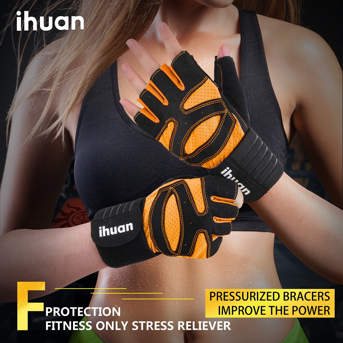 ihuan Ventilated Weight Lifting Gym Workout Gloves with Wrist Wrap Support for Men & Women, Full Palm Protection, for Weightlifting, Training, Climbing, Fitness, Hanging, Pull ups (Orange, XS)