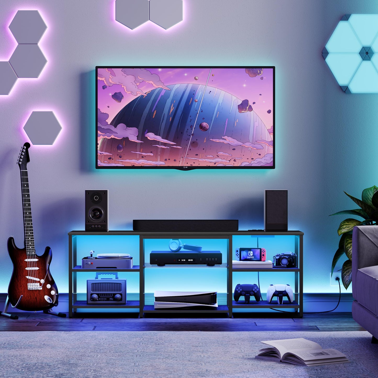 HOOBRO LED TV Stand for 65 Inch TVs with Charging Station, Gaming Entertainment Center with 3-Tier Open Storage, Long Media TV Console Table, TV Stand for Living Room, Bedroom, Black BB20UDDS01